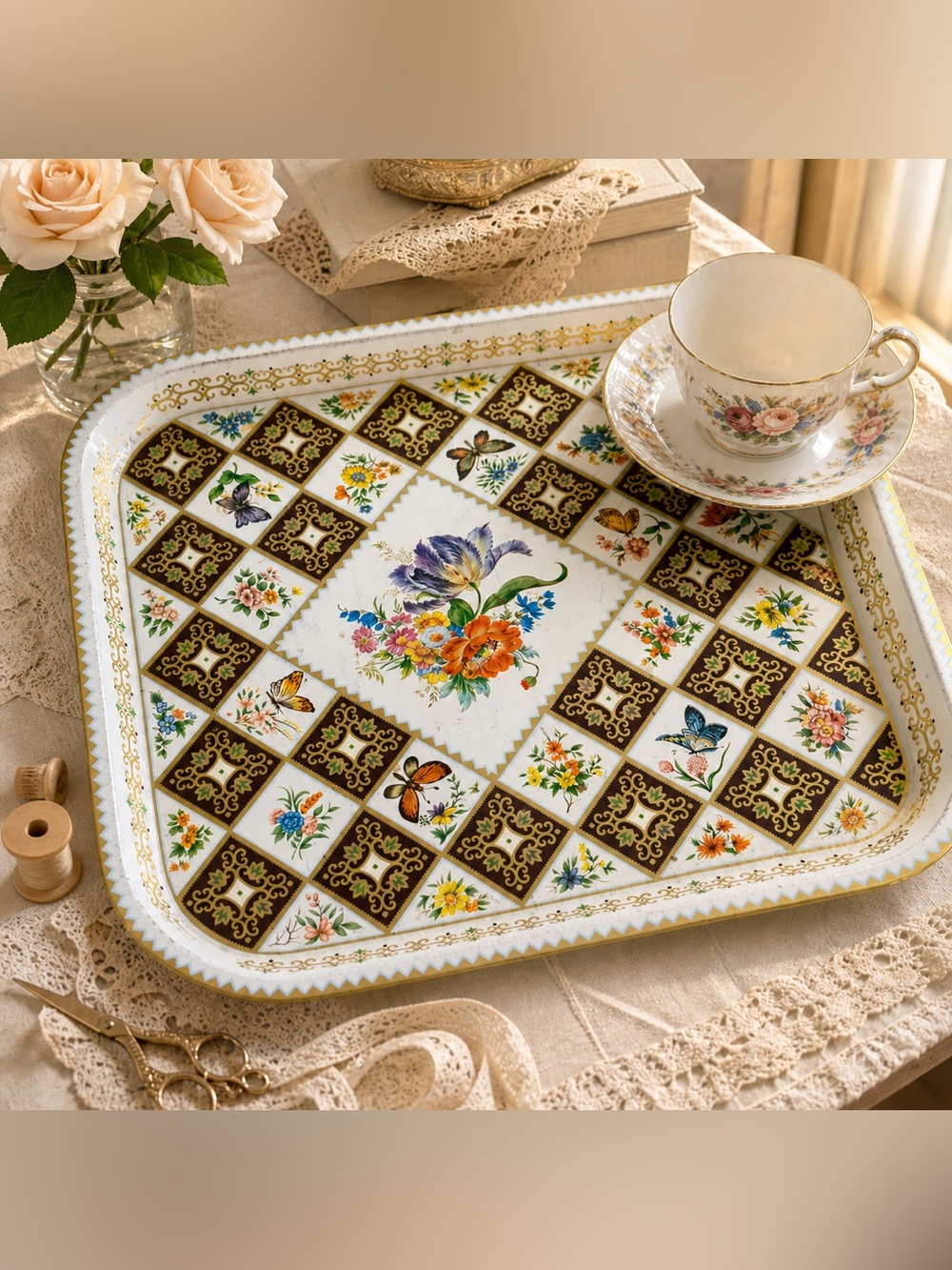DAHER ENGLAND VINTAGE FLORAL BUTTERFLY METAL SERVING TRAY 13.5”